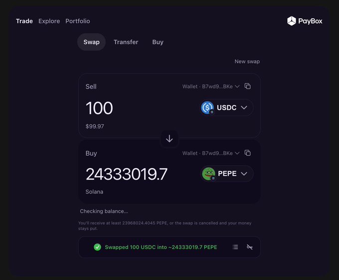 The image shows the PayBox crypto swap interface displaying a successful transaction where 100 USDC was swapped for approximately 24,333,019.7 PEPE tokens on the Solana network, directly illustrating the post's announcement of PEPE being live on PayBox via Sunrise and Solana.