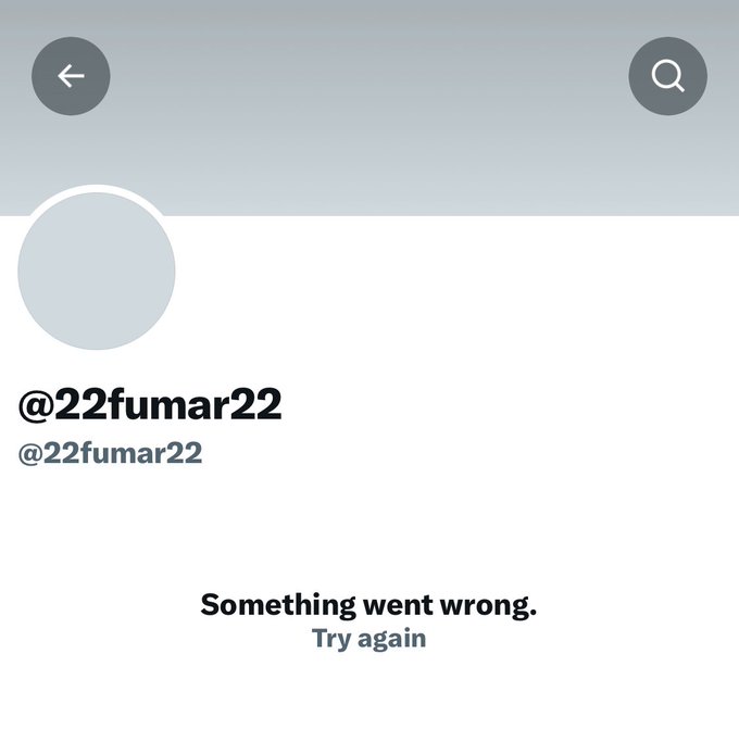 An app error screen displaying the username "@22fumar22" with the message "Something went wrong. Try again."