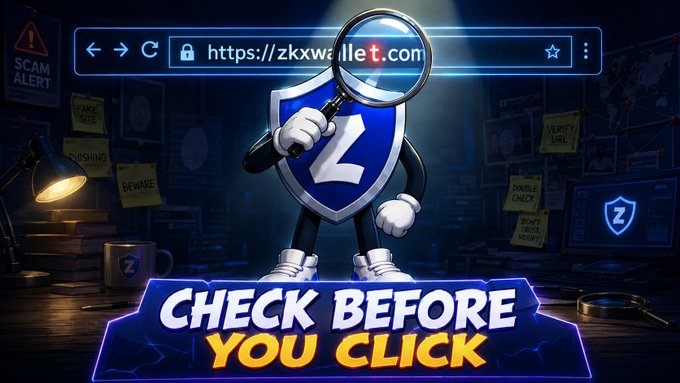 A cartoon graphic with a magnifying glass character and a blue shield with a 'Z' logo, displaying a browser URL 'https://zkxwallet.com' (with 'll' highlighted in red) and the warning 'CHECK BEFORE YOU CLICK'.
