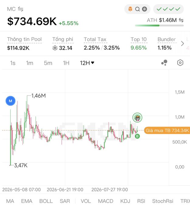 The image shows a cryptocurrency chart (likely for a meme token on Four.meme) displaying a current price of $734.69K with a 5.55% increase, an all-time high of $1.46M, and trading metrics including a pool value of $114.92K, total tax of 2.25%/3.25%, and a 12H candlestick view. This relates to the Vietnamese post lamenting meme coin risks, where the user references "TST on Fourmeme" and jokes about cutting losses ("/2") on a similar token like "Flap," implying they've already experienced the sharp drop from the $1.46M ATH to the current ~$734K price.