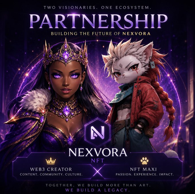 A promotional graphic titled 'PARTNERSHIP - BUILDING THE FUTURE OF NEXVORA' featuring two fantasy characters—a purple-gowned woman and an anthropomorphic fox—under the NEXVORA NFT brand.