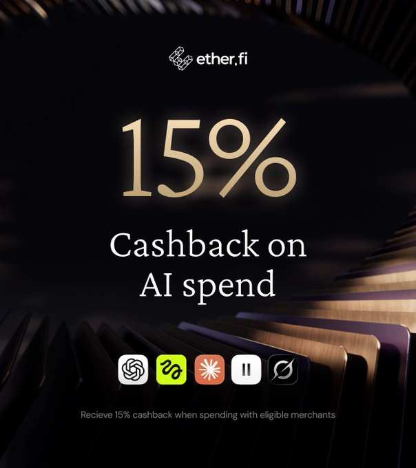 The image shows an advertisement featuring a dark background, which is covered by a lighted text box that reads "15% cashback on AI spend" written in white letters against the dark backdrop. There are several images displayed beneath the text box, including logos of chatbot companies such as "ChatGPT", "Higgsfield", and " Claude". This suggests that the image is an advertisement for a service or product related to artificial intelligence spending habits and cashback options provided through an AI-powered chatbot system.