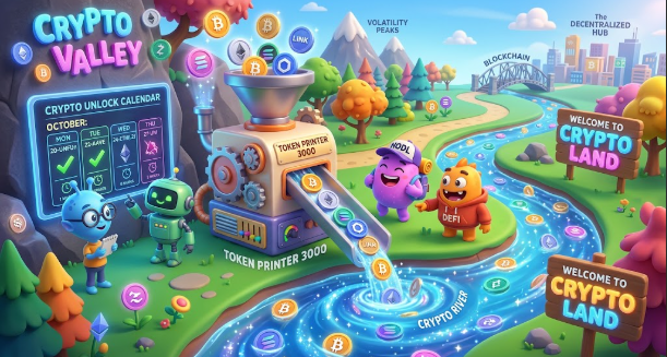 A colorful, cartoon-style digital illustration titled 'Crypto Valley,' depicting mascots, a 'Token Printer 3000,' a 'Crypto Unlock Calendar,' and a 'Crypto River' winding through the landscape.