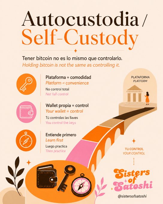 An educational infographic titled 'Autocustodia / Self-Custody' from Sisters of Satoshi, explaining that holding bitcoin is not the same as controlling it, and promoting wallet control.