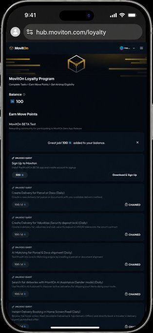 A mobile phone screenshot of the MovitOn Loyalty Program on hub.moviton.com/loyalty, showing a balance of 100 points and various quests like 'Sign Up to Movitbon' and 'Create Delivery for (Pare) 6 Docs'.