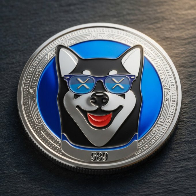 The image features a silver coin with a black dog face design, wearing blue glasses and a red tongue. The text "XRDoge coin anyone" is written below the coin's design.