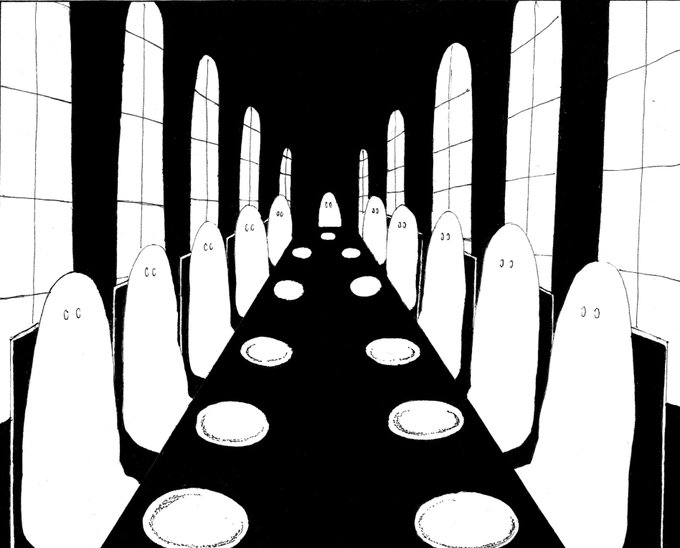 A black and white manga panel depicts a group of featureless, ghost-like figures sitting around a long table in a dimly lit room.