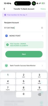 Screenshot of a mobile money transfer screen at 10:49 showing a transaction in progress to recipient account "5112037946G" named "MONIE POINT" with a green "P24 Transfer - OKEKE OKEONKWO ELIZABETH" confirmation banner above a numeric keypad. The image relates to the scam warning by displaying the suspicious recipient details (account number and full name) used to deceive victims.