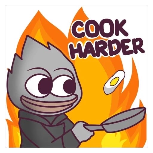 A cartoon-style illustration of a gray, flame-headed character holding a frying pan with an egg flying through the air, accompanied by the text 'COOK HARDER'.
