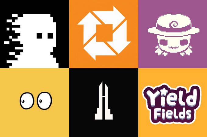 A 2x3 grid of six pixel-art style icons, including a glitching white figure, arrows on orange, a straw hat character, two eyes, a rocket, and the 'Yield Fields' logo.