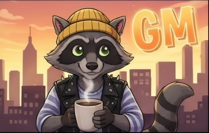 An illustrated raccoon wearing a yellow beanie and a studded leather vest holds a steaming mug of coffee against a city skyline at sunset, with the text 'GM' displayed prominently in the upper right.