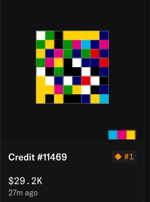 A digital artwork featuring a colorful pixelated design is displayed with the text "Credit #11469", a price of "$29.2K", and a timestamp of "27m ago".