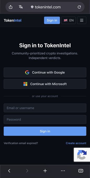 A mobile screenshot of the TokenIntel website login page (tokenintel.com), featuring sign-in options including 'Continue with Google' and 'Continue with Microsoft', along with email and password fields.