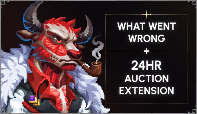 A pixel art graphic featuring a red bull-headed character with horns smoking a pipe, alongside text reading 'WHAT WENT WRONG + 24HR AUCTION EXTENSION.'