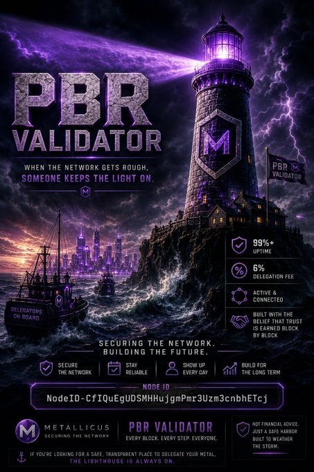 The image features a purple lighthouse against a dark sky, symbolizing the importance of vigilance and reliability in maintaining a secure network. The text on the poster emphasizes the need for people who are willing to keep the light on, ensuring that the network remains reliable and secure. This message is relevant to the PBR Validator, which aims to protect networks from potential threats by encouraging users to stay vigilant and contribute to the ongoing effort of securing the network.