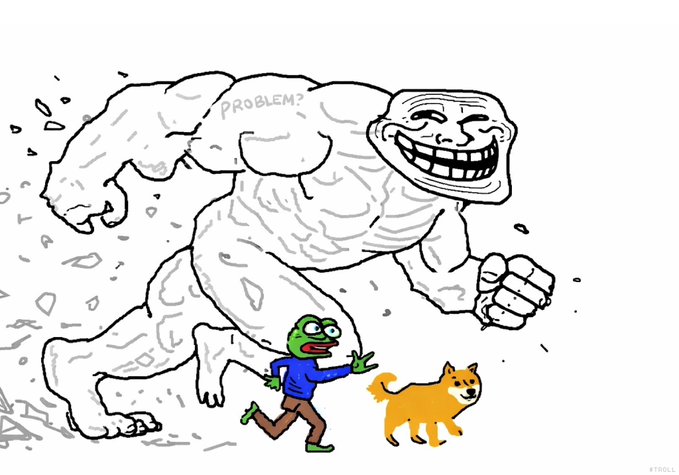 A massive troll-like creature with "PROBLEM?" written on its body chases Pepe the Frog toward a small Shiba Inu (Doge) dog, while the troll grins menacingly in the background. The image humorously illustrates the post's point about $TROLL's unstoppable rise while influencers remain fixated on memecoins like Doge.