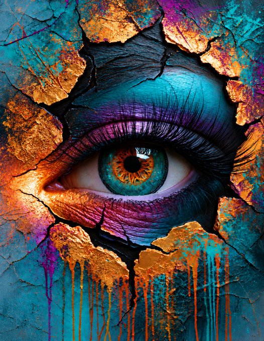 A vibrant digital artwork featuring a detailed eye with teal and orange tones peering through a cracked, textured surface with dripping paint.