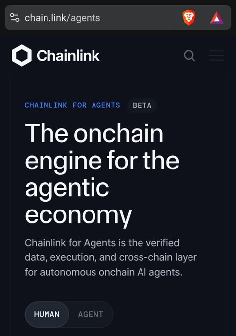 A screenshot of the chain.link/agents webpage showing 'Chainlink for Agents (Beta)' with the tagline 'The onchain engine for the agentic economy' and toggle buttons for 'HUMAN' and 'AGENT'.