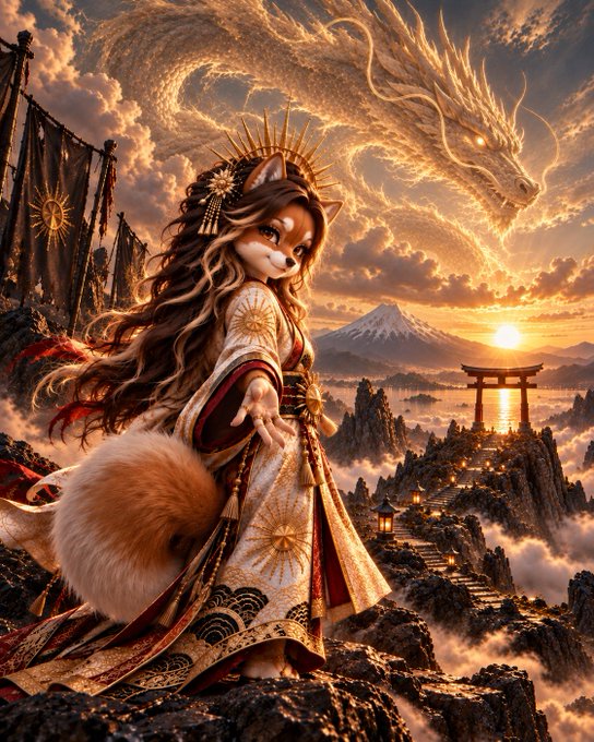 An anthropomorphic fox character wearing an ornate kimono with a sunburst crown stands on a rocky outcrop, with a golden dragon swirling in the clouds above a Japanese pagoda and torii gate at sunset.