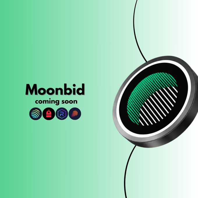 A promotional graphic with a green gradient background displays the text "Moonbid coming soon" alongside a black circular logo with green and white stripes.