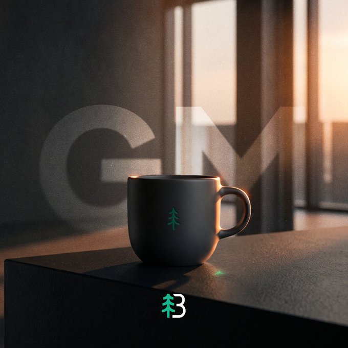 A dark mug with a small green tree logo sits on a surface with warm lighting, set against a background showing a faded 'GM' watermark and a 't3' logo at the bottom.