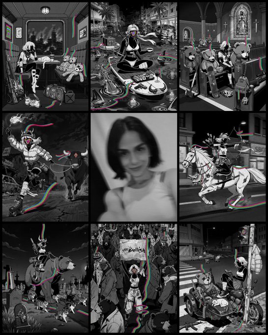 A 3x3 grid of black-and-white illustrations featuring stylized characters in various scenes—including an armored figure riding a bull through ruins, a protest scene with a "STOP BULLYISM" sign, and other surreal scenarios—interspersed with a central black-and-white portrait of a woman, all accented with thin red and teal outlines that align with the post's reference to an artist and their stories.
