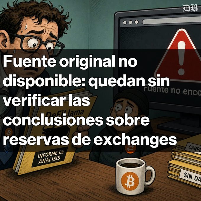 A Spanish-language illustration shows a man looking worriedly at a computer screen displaying an error warning, with text reading 'Fuente original no disponible: quedan sin verificar las conclusiones sobre reservas de exchanges' and a Bitcoin mug on the desk.