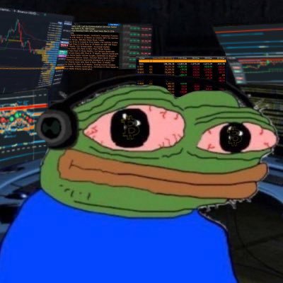 A meme image of the "Sad Pepe" character wearing headphones, sitting in front of multiple screens displaying trading charts and code.