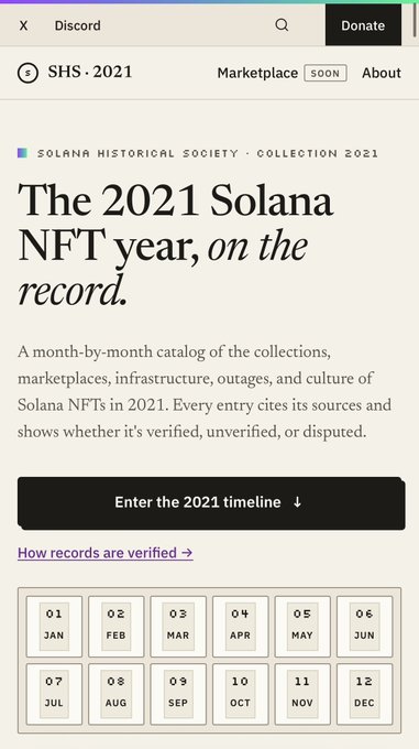 A webpage titled 'The 2021 Solana NFT year, on the record.' from the Solana Historical Society Collection 2021, featuring a month-by-month timeline grid for entering records.