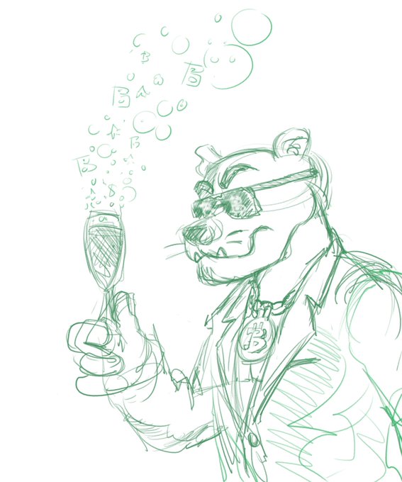 A green sketch of an anthropomorphic bear wearing sunglasses and a suit, holding a champagne glass that bubbles with letters 'B', 'a', and 'c'.