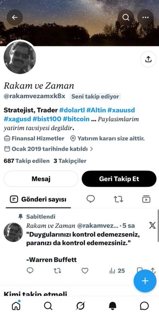 The image shows a Twitter profile for "Rakam ve Zaman" (@rakamvezamxk8x), a fake account impersonating a trader/strategist with hashtags like #dolaratl, #Altin, #xauusd, #xagusd, #bist100, and #bitcoin, claiming to share paid signals since January 2019. The accompanying warning post explicitly addresses this situation, stating this is the official account and clarifying that the author has no paid groups and does not promote scam coins, directly countering the deceptive elements shown in this fraudulent profile screenshot.