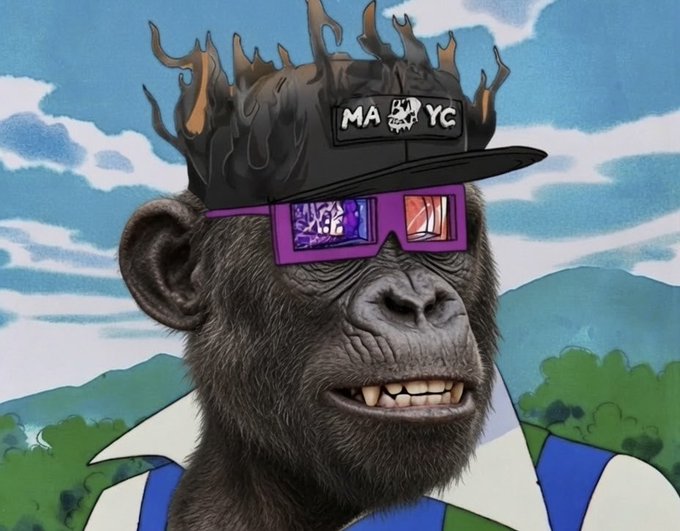 The image features a cartoon monkey wearing glasses, a hat with flames coming out of it, and sunglasses. The monkey appears to be smiling at the camera while standing against a blue sky background. The caption below the image reads "She said it was me or the BAYC Well...".