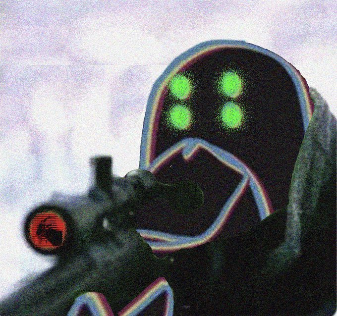 A stylized image of a person in tactical gear wearing a mask with four glowing green dots (resembling a video game character) aiming a weapon with a red dot sight.