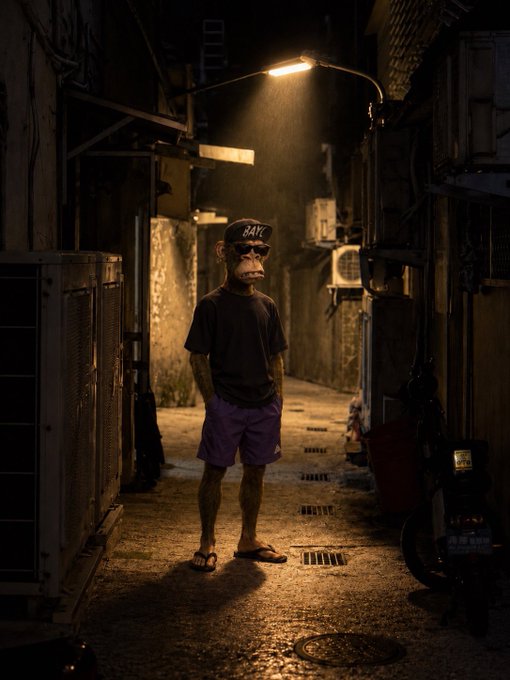 A person wearing a black t-shirt, purple shorts, sunglasses, and a black cap stands under a streetlight in a narrow alleyway at night.