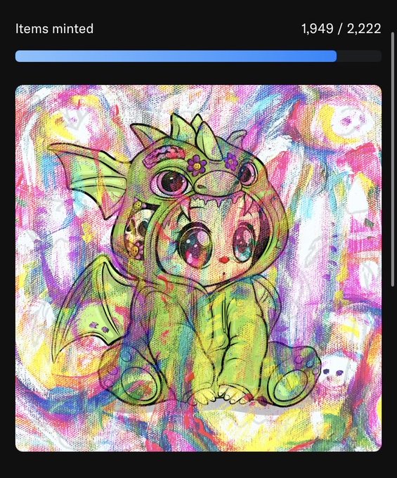 A colorful NFT artwork showing a cute creature in a dinosaur costume, with a progress bar indicating '1,949 / 2,222' items minted.