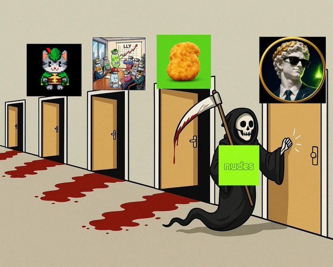 The image depicts a grim reaper knocking on doors representing various cryptocurrency meme coins (including a pixelated cat, a "LLY" stock chart, a chicken nugget, and a classical bust with sunglasses), leaving a trail of blood behind as he moves forward. A green "nudes" sign is superimposed on the reaper, tying into the post's $NUDES ticker by suggesting the token is the grim reaper of these other meme coins, metaphorically "killing" the competition.