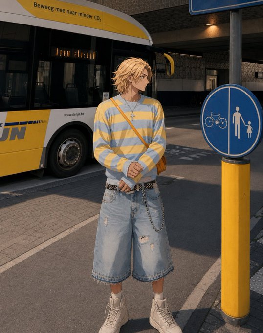 The image shows an anime-style illustration of a blonde-haired character in a yellow and white striped sweater and ripped denim shorts standing at a bus stop near a bus displaying "www.delijn.be" and the text "Beweeg mee naar minder CO₂" (Move with us towards less CO₂), next to a blue pedestrian and bicycle path sign. The scene's calm, Sunday-like urban atmosphere complements the "Happy Sabbath day, Keep it holy GM CT" message, evoking a peaceful day of rest and reflection.