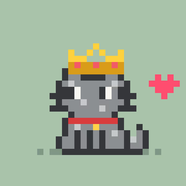 A pixel art gray cat wearing a yellow and red crown with a matching collar sits against a mint green background, accompanied by a floating pink heart. The regal feline design serves as a celebratory new profile picture marking the milestone of reaching 100 followers.