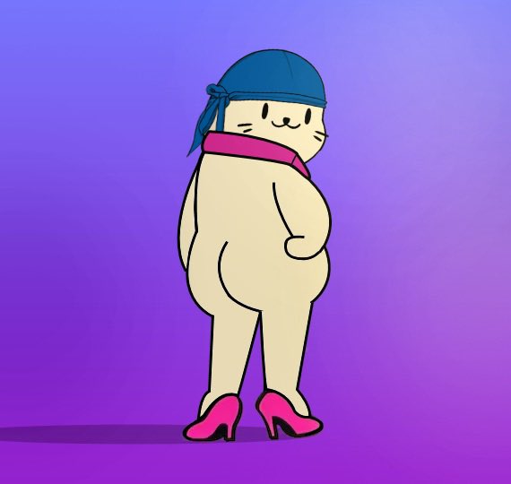 An illustration of a chubby cream-colored cat wearing a blue bandana and pink high heels, standing against a purple background.