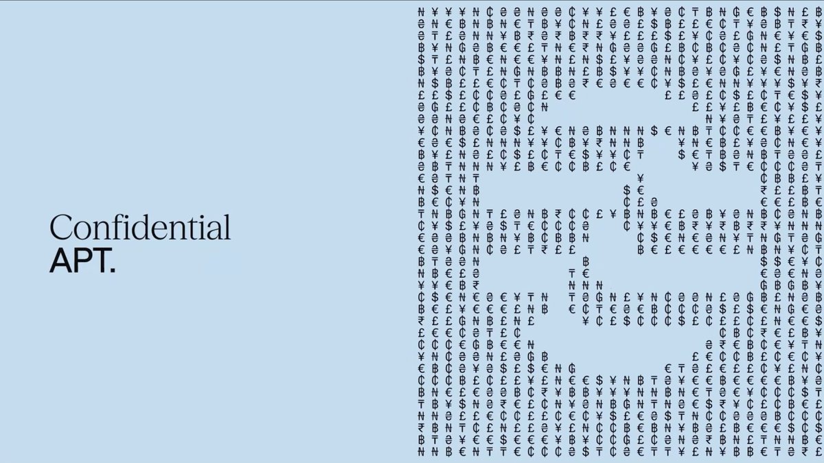 A light blue graphic features the text "Confidential APT." on the left side, while the right side displays a face-like pattern composed of seemingly random letters and symbols in various languages, representing encrypted transaction data. The image visually reinforces the post's message about confidential, encrypted Aptos (APT) balances now available on the Petra Wallet app.