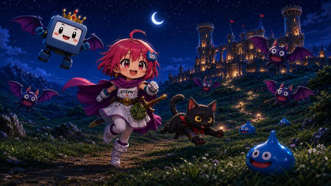 The image features a girl with pink hair, dressed as a princess, running through a field at night. She is accompanied by her cat and other characters from the video game Dragon Quest. The scene takes place under a dark sky, which adds an element of mystery to the overall atmosphere. The post about the game includes information about the game's title, release date, and a link for more details.