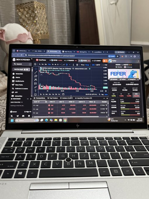 A laptop displays the DEXScreener dashboard tracking $FEFER/USDT, showing a sharp decline on the price chart (down ~74.94%) with a market cap around $3.4M, visually reinforcing the post's narrative of the token's struggles and the need for a new team to rebuild the community.