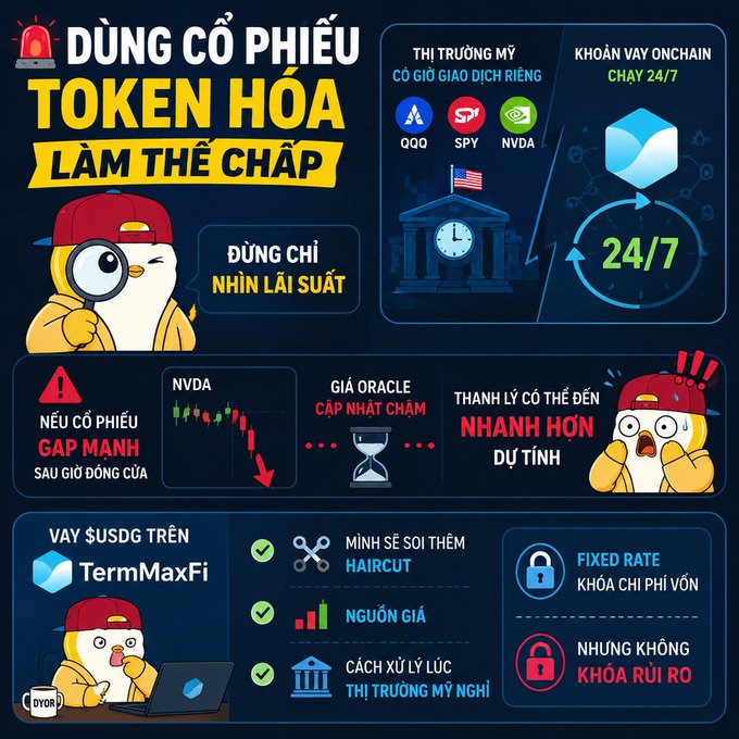 A Vietnamese-language infographic titled 'DÙNG CỔ PHIẾU TOKEN HÓA LÀM THẾ CHẤP' (Use tokenized stocks as collateral) explaining 24/7 onchain loans on TermMaxFi via $USDG, featuring QQQ, SPY, NVDA tickers, NVDA price chart warnings, and benefits like haircut review, price source, and U.S. market liquidation handling with fixed rate and unlocked risk.