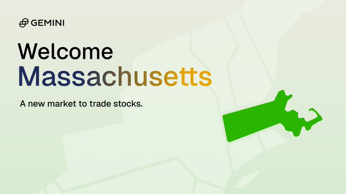 The image is a Gemini promotional graphic with the text "Welcome Massachusetts — A new market to trade stocks," featuring a green silhouette of the state of Massachusetts on a pale green background. The graphic directly supports the announcement by visually welcoming Massachusetts as the latest state where customers can trade stocks on the Gemini platform.