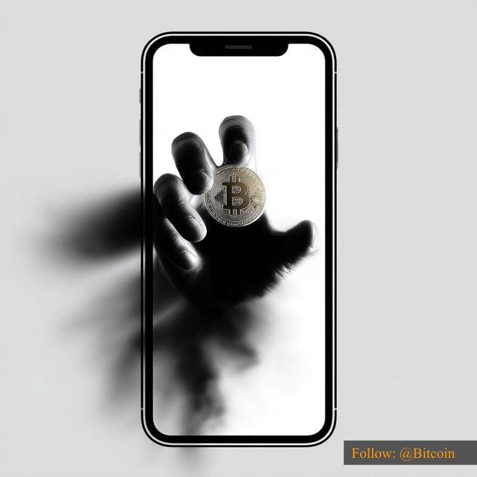 A black-and-white image shows a smartphone displaying a hand emerging from the screen, reaching out to grasp a physical Bitcoin coin against a white background. The watermark "@Bitcoin" appears in the bottom right corner, visually reinforcing the post's reference to Bitcoin trading at $64,734.40.