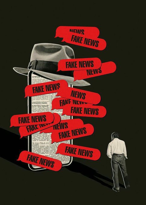 An illustration shows a small man standing before a giant newspaper wearing a fedora, surrounded by numerous red speech bubbles labeled 'FAKE NEWS'.