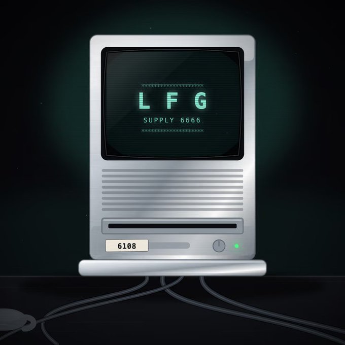 A vintage computer monitor displaying 'LFG SUPPLY 6666' in glowing green text with the number '6108' below, set against a dark background with cables.