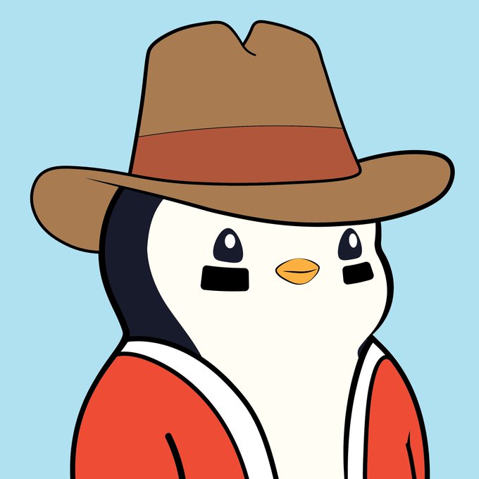 A cartoon illustration of a penguin wearing a brown cowboy hat and a red jacket, set against a light blue background.