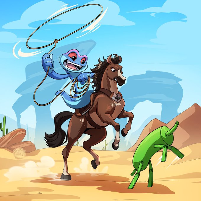 The image features a cartoon scene of a horse with a cowboy hat riding atop, holding a rope and attempting to catch a toy frog that is running away from him. The background shows mountains under a blue sky, adding depth to the scene. The caption "I accumulated 10M $SNEK in this lows. 30M more to go." suggests that the cartoon character has been collecting money throughout the day while trying to catch the toy frog as part of their adventures.