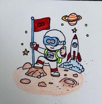 A cheerful cartoon astronaut plants an infinity (∞) symbol flag on a rocky planetary surface, with a rocket and ringed planet in the background, visually symbolizing the "planting the ∞ flag on new territory" message about Optimum's faster, more efficient data movement.